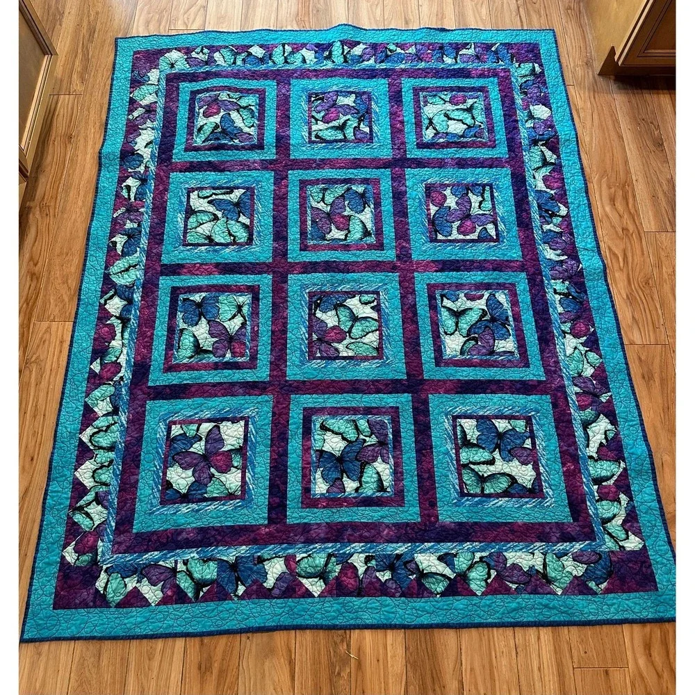 72'' x 60'' Teal and Purple Butterfly Queen Size Quilt